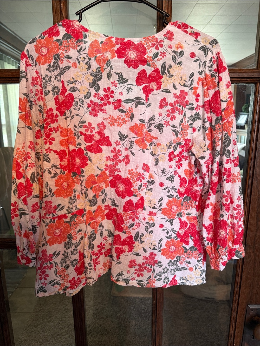 Liz Claiborne XL Red Orange Floral V-Neck Peplum Blouse 3/4 Sleeve Cotton Blend - Picture 4 of 4
